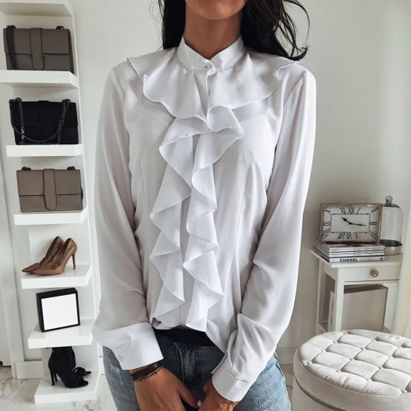 NIBESSER 2020 Fashion Korean Style Office Work Wear Ruffle Pleated Long Sleeve Women White Blouse Top Lady Shirt | Женская одежда