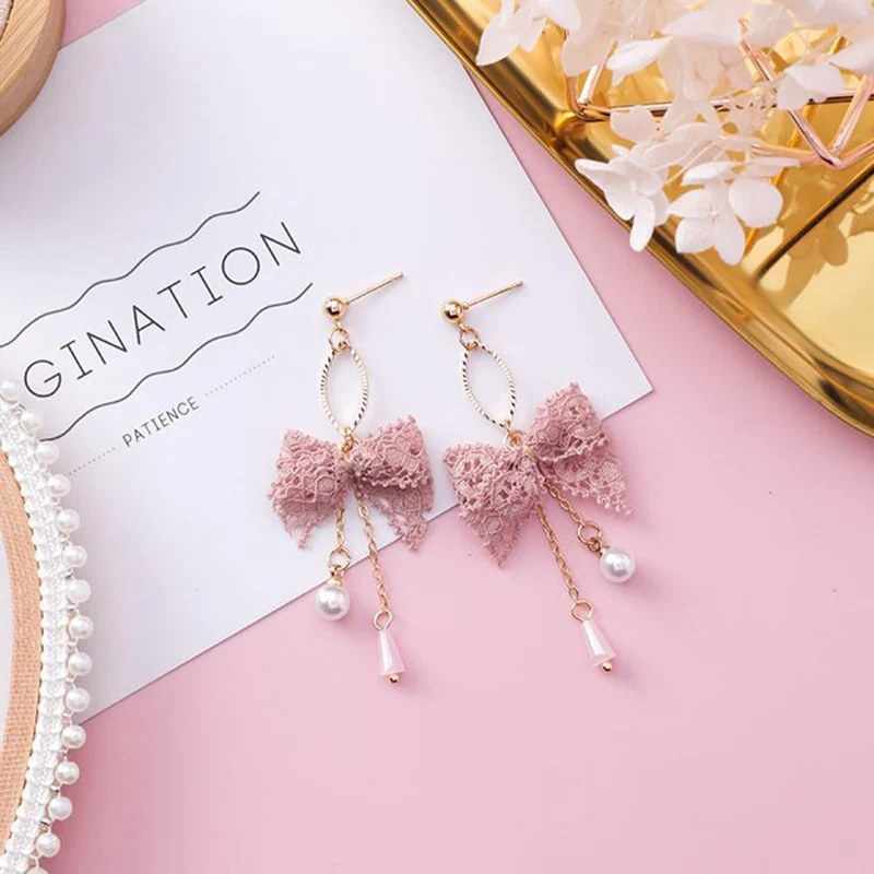 Fashion Sweet Cute Lace Bow-knot Tassel Pearl Earrings Jewelry Crystal Earring For Women Female | Украшения и аксессуары