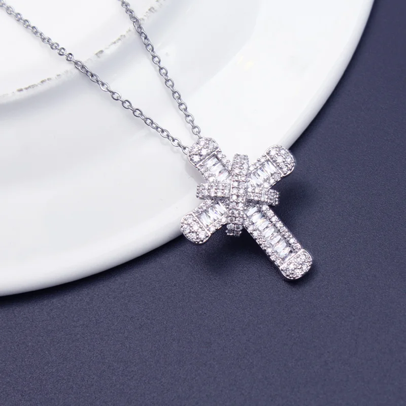silver link chain Новинка, классическое Золотое серебряное ожерелье с кулоном в виде Креста для женщин, модное ожерелье с кубическим цирконием и христианским крестом, ювелирное изделие, подарок - Окраска металла: silver link chain