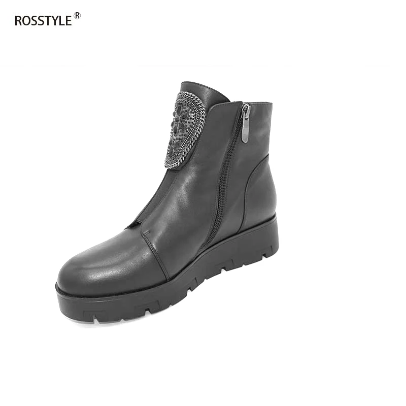 

ROSSTYLE Solid Color Casual Spring Autumn Black Ankle Boots Stylish Metal Zipper Embroider Decoration Women Boots Size 36-40 B20