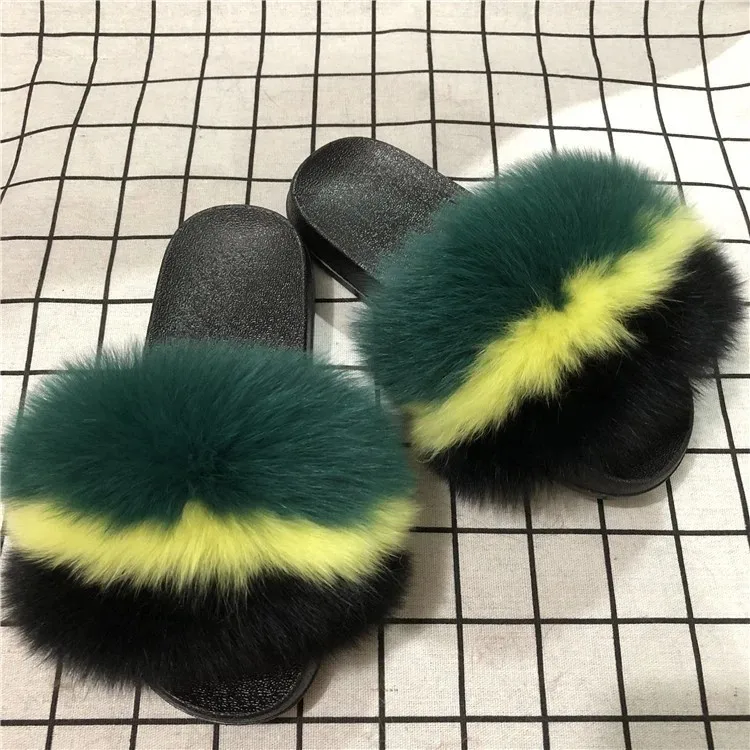 Шлепанцы из 100% натурального плюша с лисьим мехом женские летние шлепанцы милые