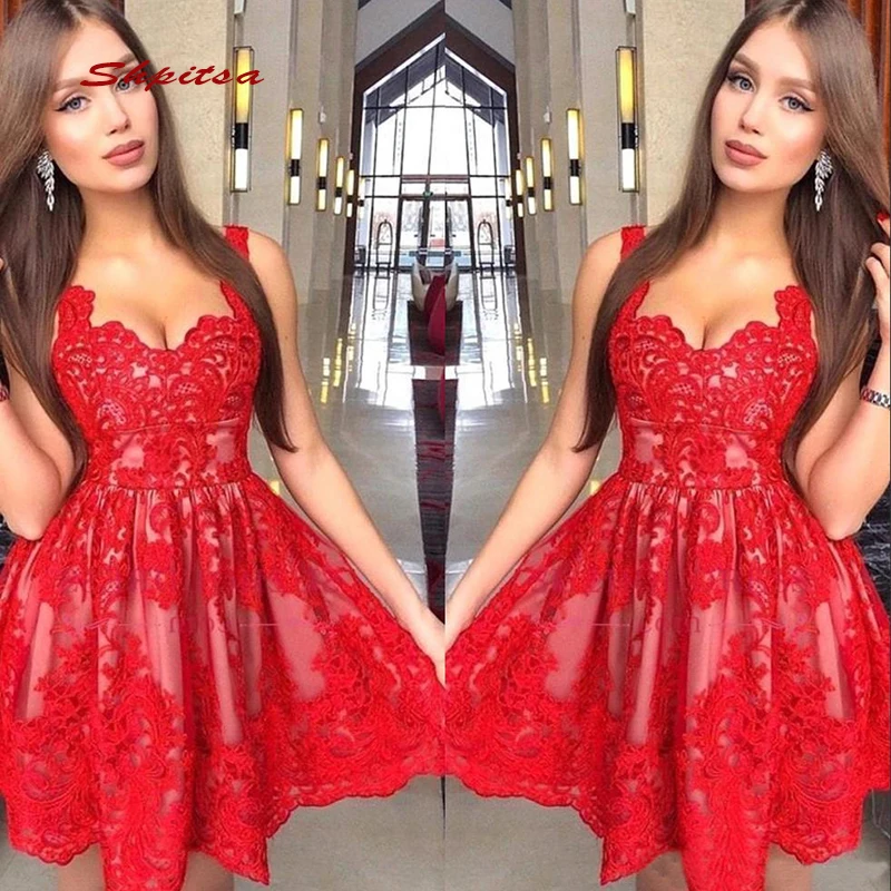 

Red Short Cocktail Dresses Party Lace Graduation Women Prom Plus Size Coctail Mini Semi Formal Dresses