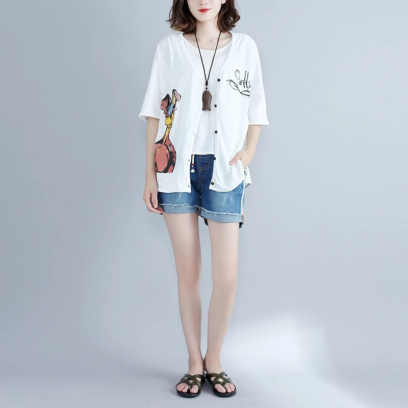 NBHUZEHUA T154 Summer Cardigan Women Blouse Cute Cartoon Solid Cotton Thin Shirt Plus Size 4XL 5XL 6XL Kimonos Black White |
