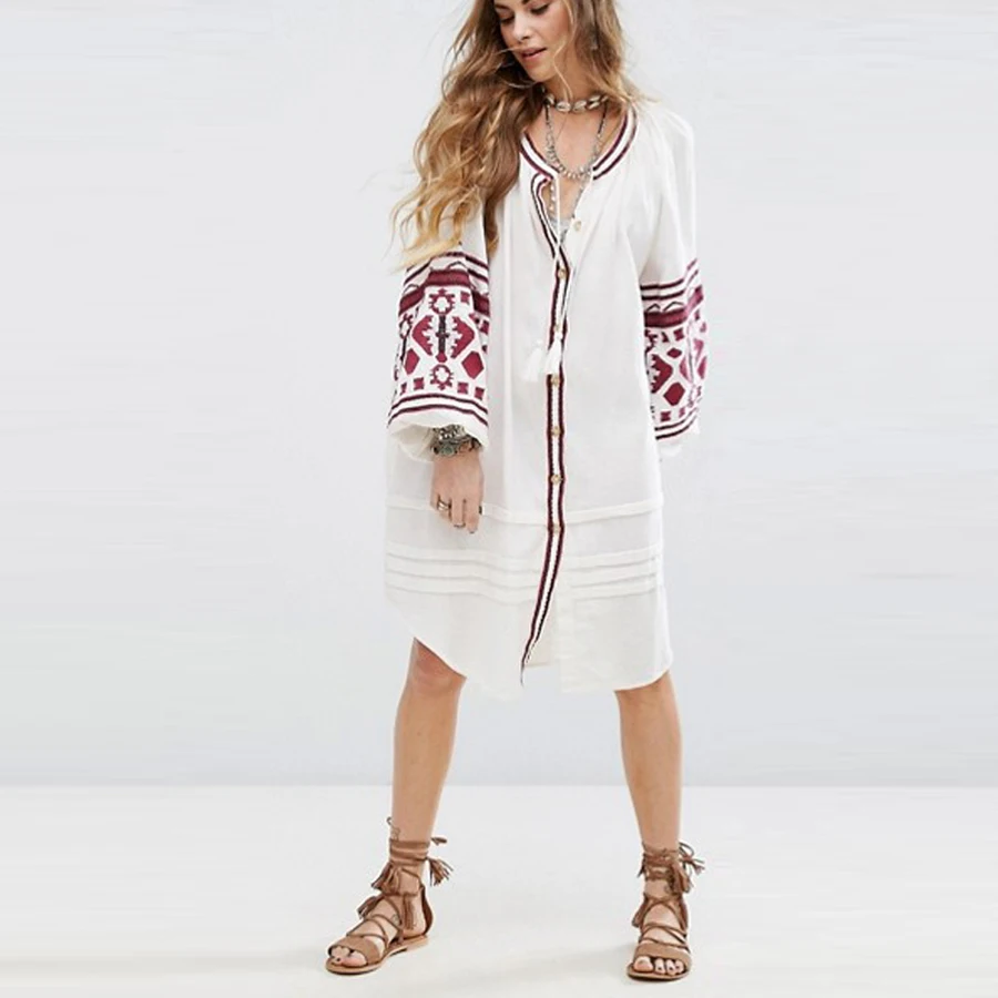 Женское хлопковое платье в стиле бохо Длинное свободное с цветочной вышивкой