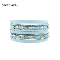 strathspey fashion multilayer pu leather braid beads bracelets for women magnet buckle bohemia bracelets bangles jewellry gift