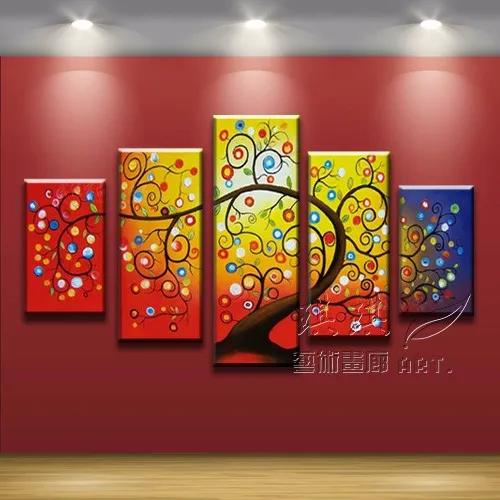 

Hand Made New Colorful Gustav Klimt Yellow Tree Of Life Abstract Oil Painting On Canvas Picture 5 Panel Wall Art Home Decoration
