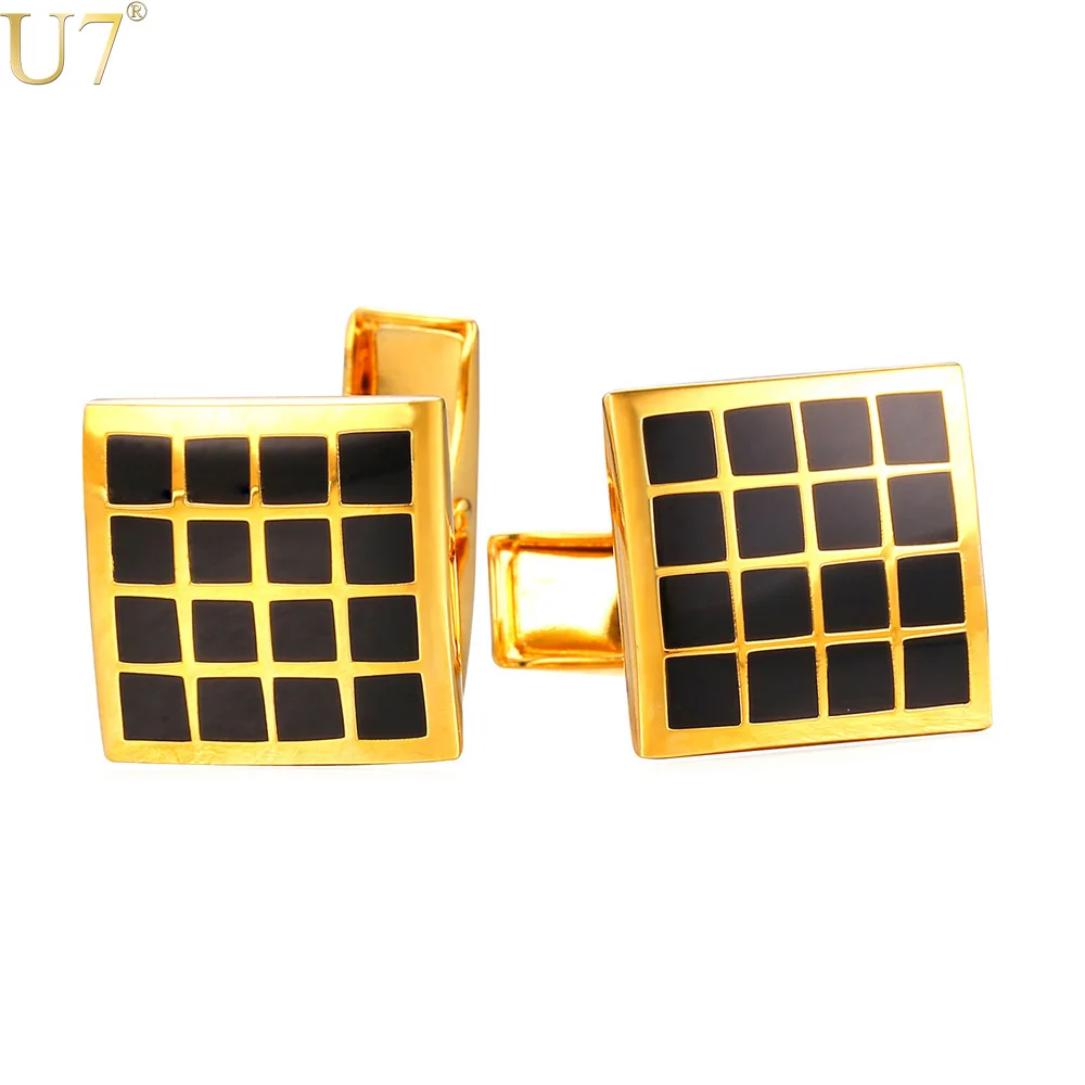 

U7 Brand Cufflinks For Mens High Quality Gold Color Trendy Checker Square Enamel Men Suit Jewelry & Cuff Link Gift Box C022