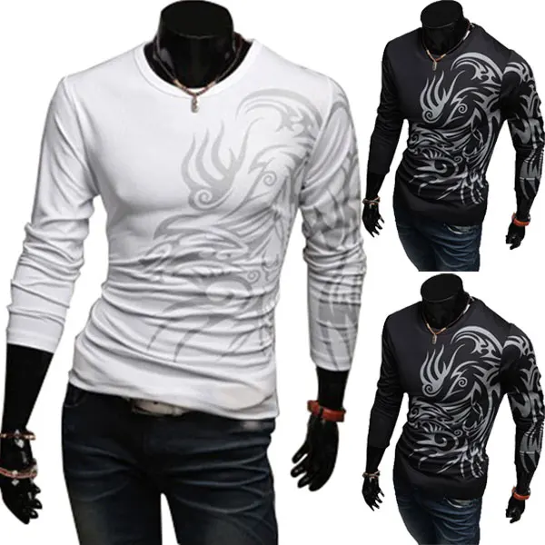 Мужская футболка с длинным рукавом круглым вырезом и принтом дракона|long sleeve