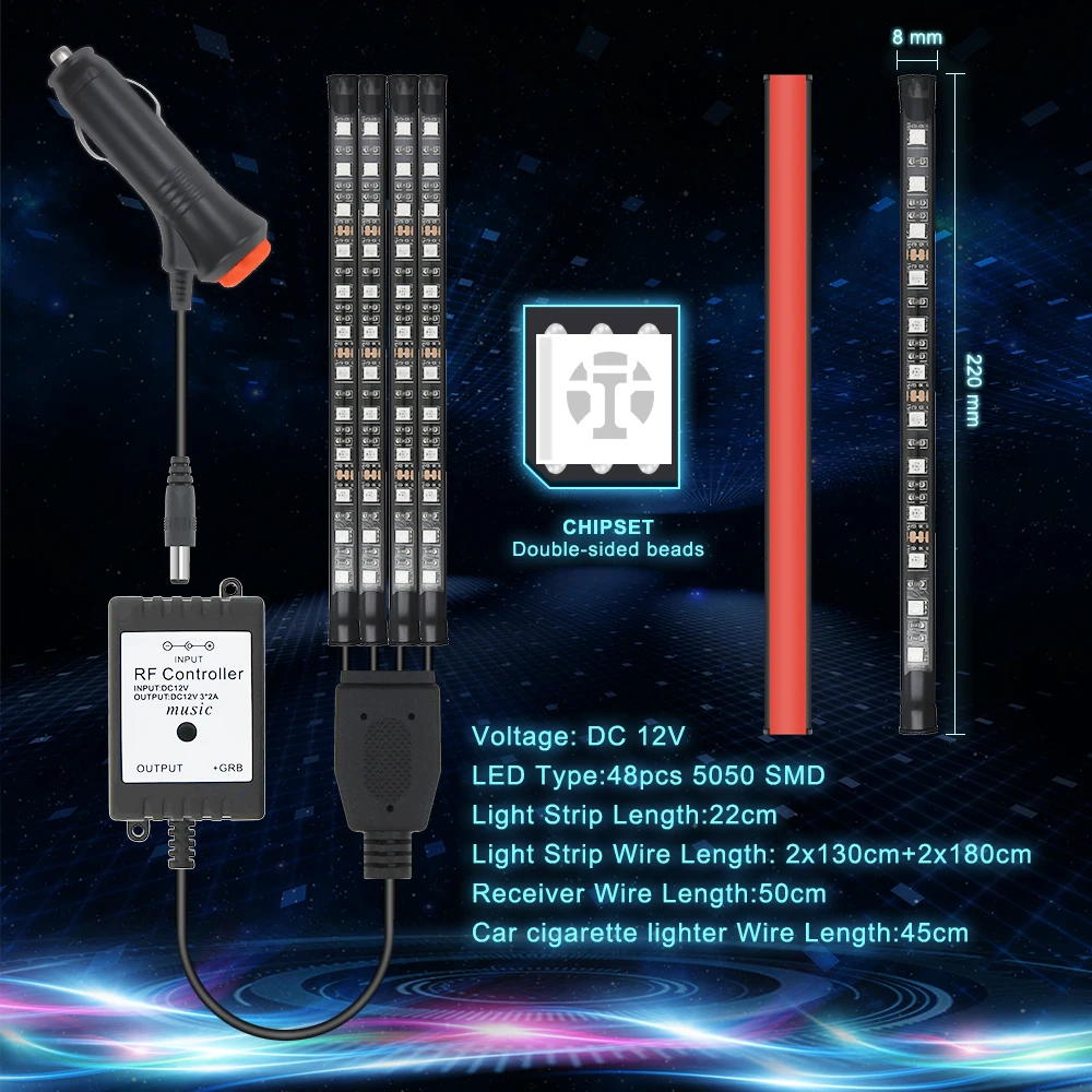 APP Control RGB LED Strip Automobile Atmosphere Lamp Car Decorative Ambient Lights 5050 48SMD Interior Light with Remote 12V | Автомобили