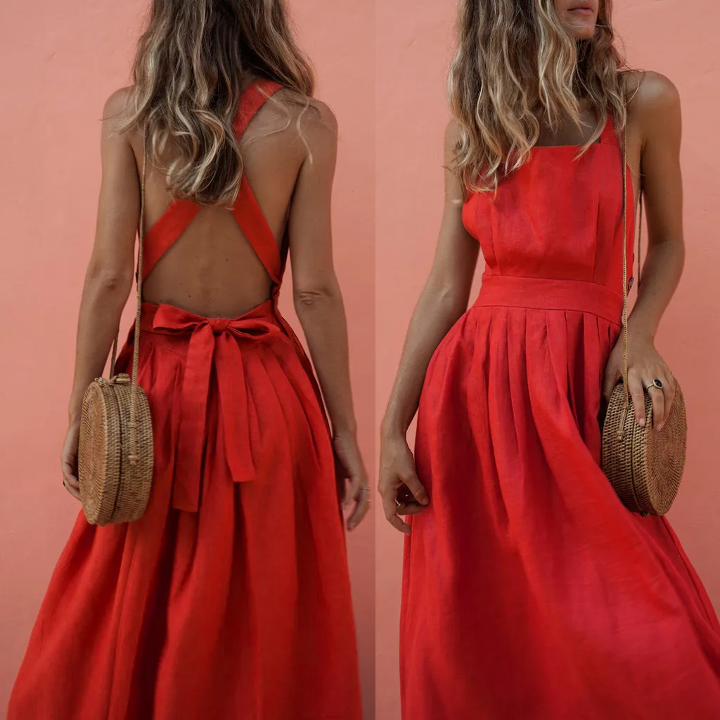Женское длинное платье на бретельках Boho красное пляжное с открытой спиной для