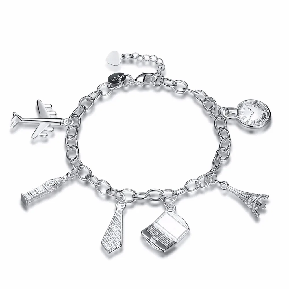 Women's Fashion Jewelry 6.5-8 inch Chain 925 Sterling Silver Alarm clock Alfi Tower aircraft pendants bracelet Cuff Bangle H617 |