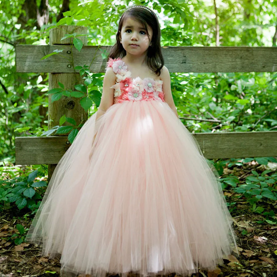 

Flower Girl Tutu Dress Peach Coral Flower Tulle Dress Floor-Length Kids Tutu Dress For Wedding Birthday Party Photo TS075