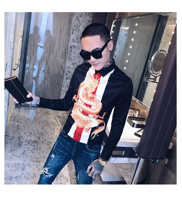 Роскошные сплайсированные ночной клуб смокинг модное платье рубашка Camisa Hombre Slim Fit рубашка Мужская Уличная с принтом дракона Мужская рубашка мужские рубашки