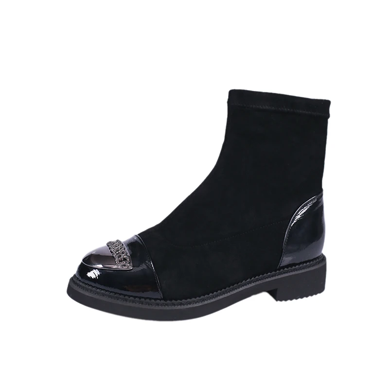 Модный пэчворк стрейч Носки сапоги женщин металлическая цепь с круглым носком