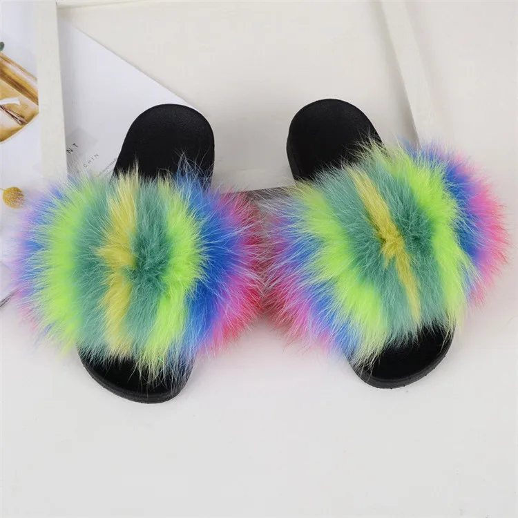 as pic shows 22 Women Fox Fur Slippers Real Fox Fur Slides Lovely Plush Slippers Woman Summer Home Sandals Women Fur Slides Furry Flip Flops Hot - Цвет: as pic shows 22