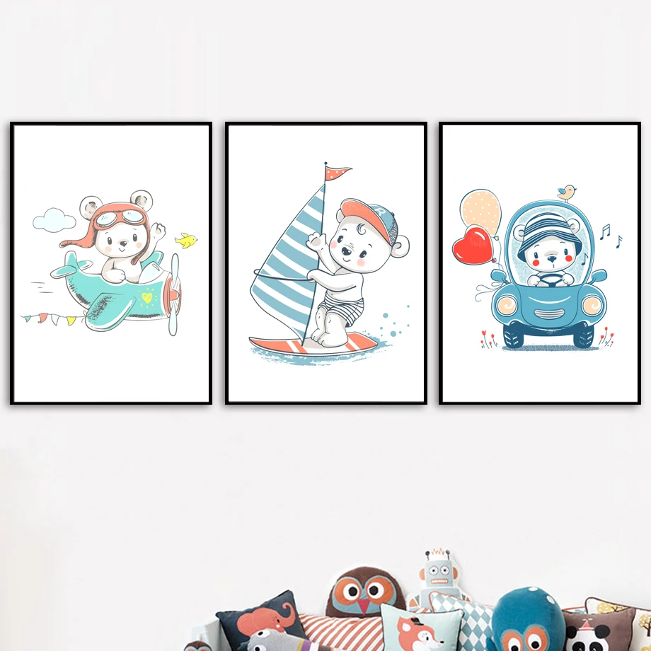 

Aircraft Boat Car Bear Nordic Posters And Prints Wall Art Canvas Painting Animal Wall Pictures For Kids Baby Boy Room Home Decor