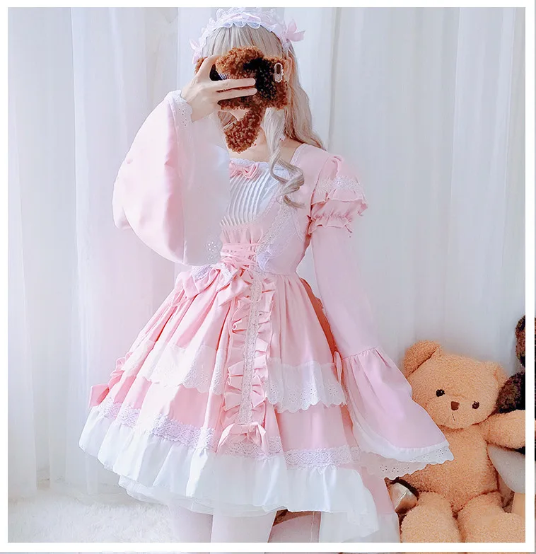 Harajuku ретро АО Милая Кружевная отделка платье с бантом японская Сладкая Лолита Фея Высокая талия Kawaii Девушка Клубника печати подтяжки платье