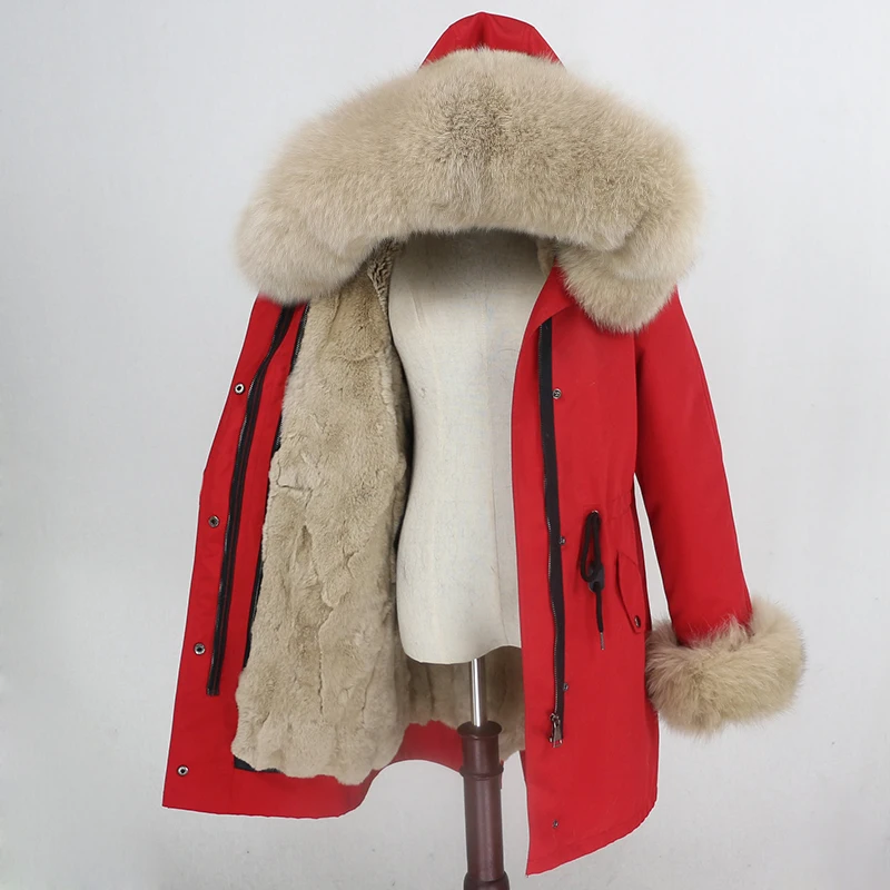 red beige OFTBUY Long Waterproof Parka Real Fur Coat Natural Fur Collar Hood Winter Jacket Women Rabbit Fur Liner Thick Warm Detachable - Цвет: red beige