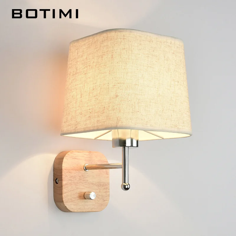 B Wooden Base BOTIMI светодиодный настенный светильник для гостиной, прикроватный настенный светильник с тканевым абажуром E27, светильник для чтения на кровать, домашнее освещение - Цвет абажура: B Wooden Base