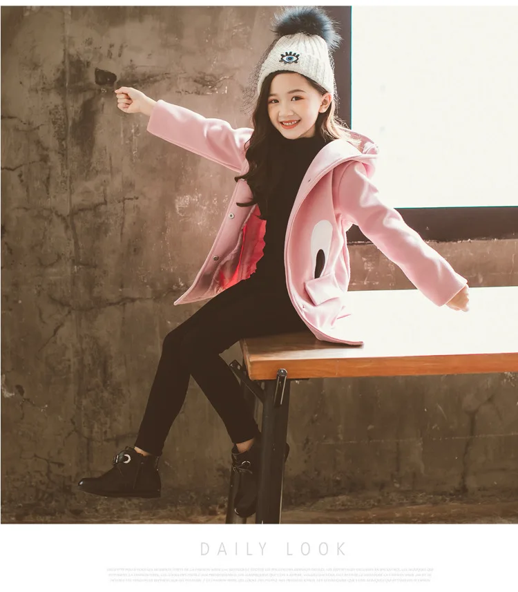 Girls Woolen Coat Long Winter Jackets For Girls Eye pattern Thick Kids Outerwear Autumn Teenage Girls Christmas Clothes 4-14 Y