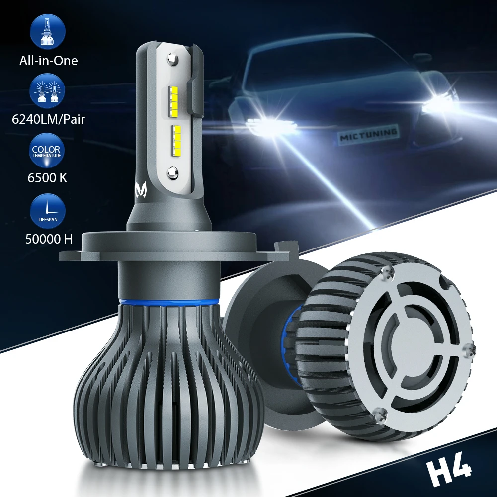 MICTUNING Автомобильный светодиодный фары для H4 Hi/короче спереди и длиннее сзади) луч все-в-одном Conversion Kit 60 Вт 6240LM 6500K холодный белый 12V 24V авто светодиодный фары