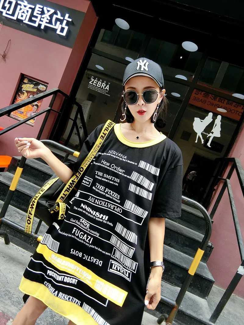 Для женщин Street Wear печати штрих летнее платье Новинка АСИММЕТРИЧНЫМ ПОДОЛОМ