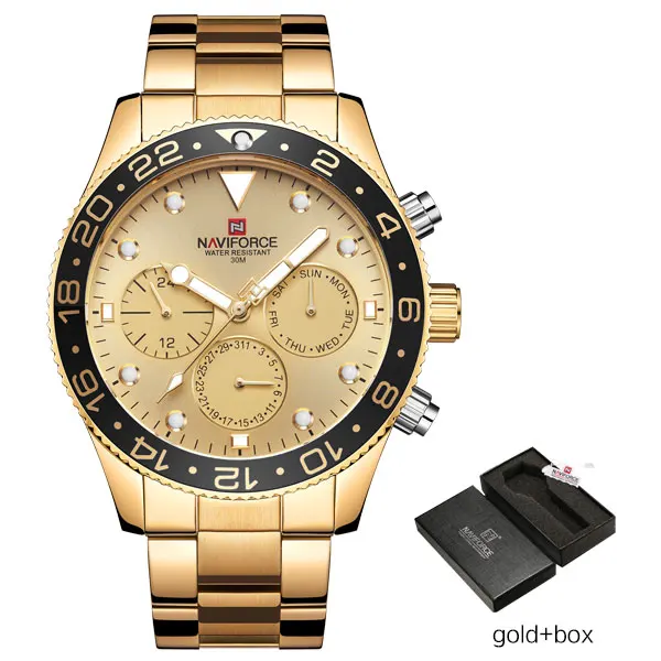 Gold-Box NAVIFORCE роскошные часы мужские военные спортивные часы мужские s Нержавеющая сталь водонепроницаемые кварцевые 24 часа календарь наручные часы Reloj - Цвет: Gold-Box