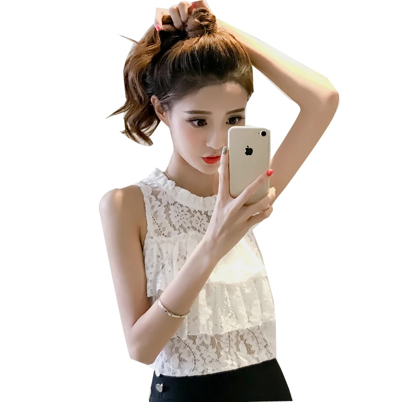 Женская короткая кружевная блузка без рукавов с круглым вырезом|ruffle blouse|white lace