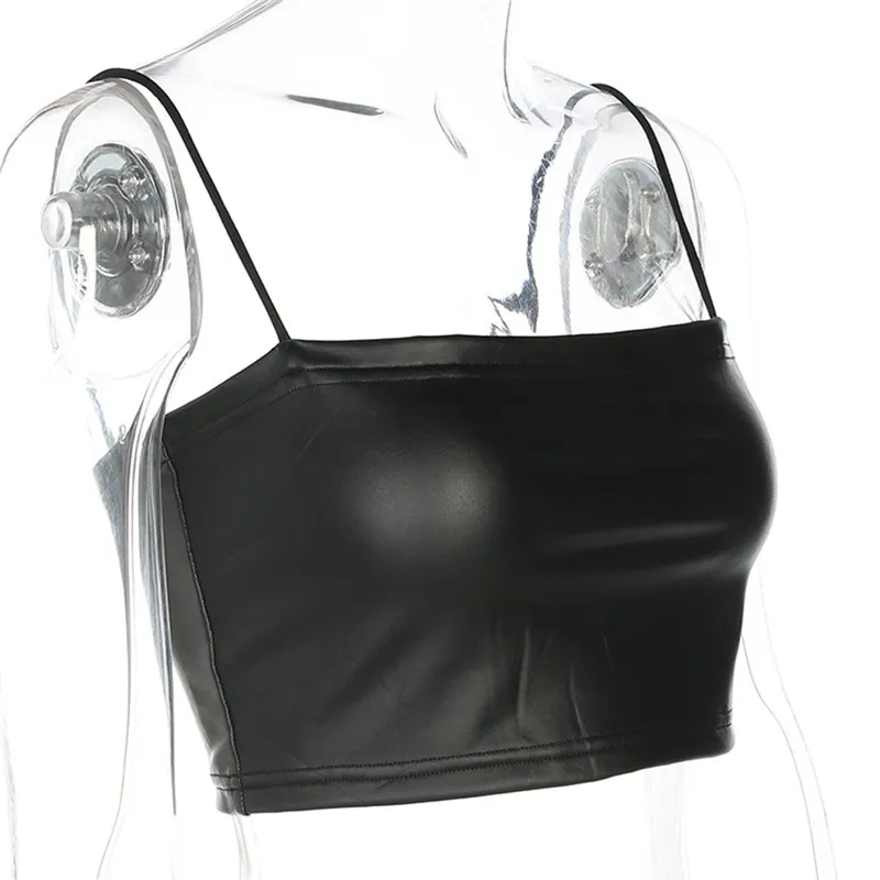 Женский укороченный топ из искусственной кожи черный однотонный облегающий Топ