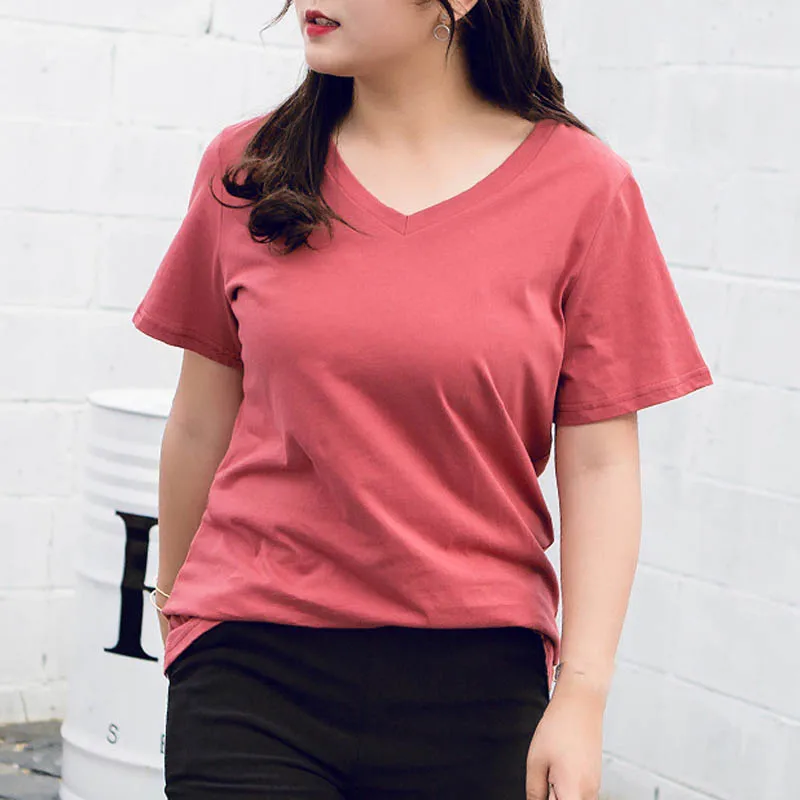 Красный Летняя футболка для женщин размера плюс бюст 134 см 4XL 5XL 6XL 7XL 8XL 9XL v-образный вырез женская футболка 7 видов цветов - Цвет: Красный