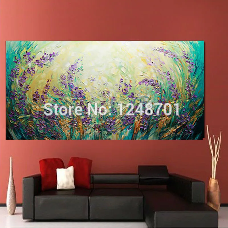 Большой размер Ручная роспись пейзаж фиолетовые цветы абстрактная картина