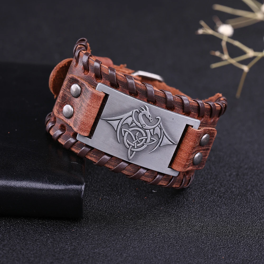 LIKGREAT винтажные браслеты Wicca Symbol Triqueta Pterosauria Dragon Charm для Мужчин Черная коричневая