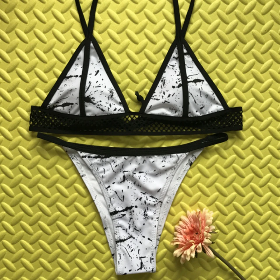 Marble Bikini Fishnet Bathing Suit Micro Mesh Swimsuits G String Bikinis Women Trikinis 2019 Brazilian Thong V Neck Top |