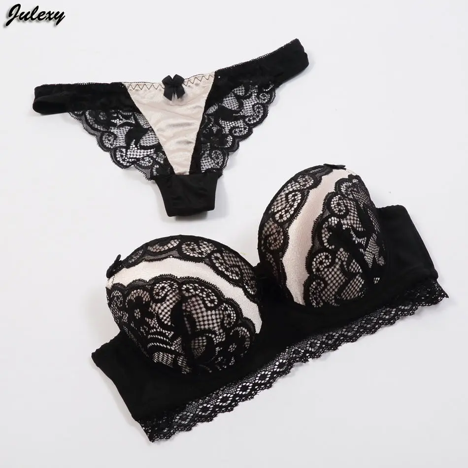 Julexy, Новое поступление, сексуальные открытые стринги, бюстгальтер, набор, ABC, кружевная вышивка, пуш-ап, женский бюстгальтер, набор, стринги, нижнее белье, трусики - Цвет: Черный