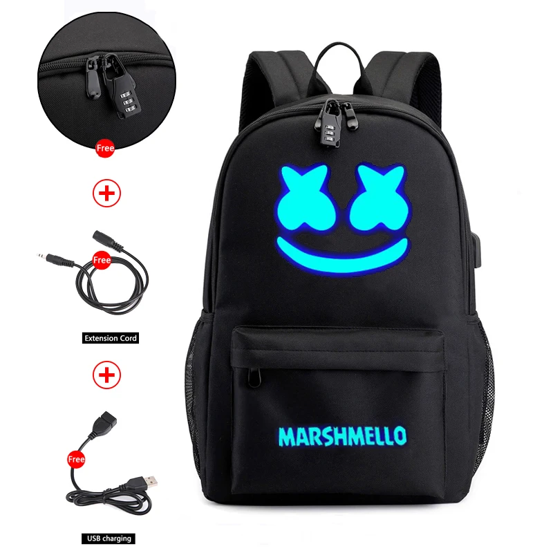 DJ Marshmello, Противоугонный, светящийся, брезентовый, водонепроницаемый рюкзак для мужчин, AJAX, школьный рюкзак для студентов, подростков, девочек, мальчиков, сумка для книг