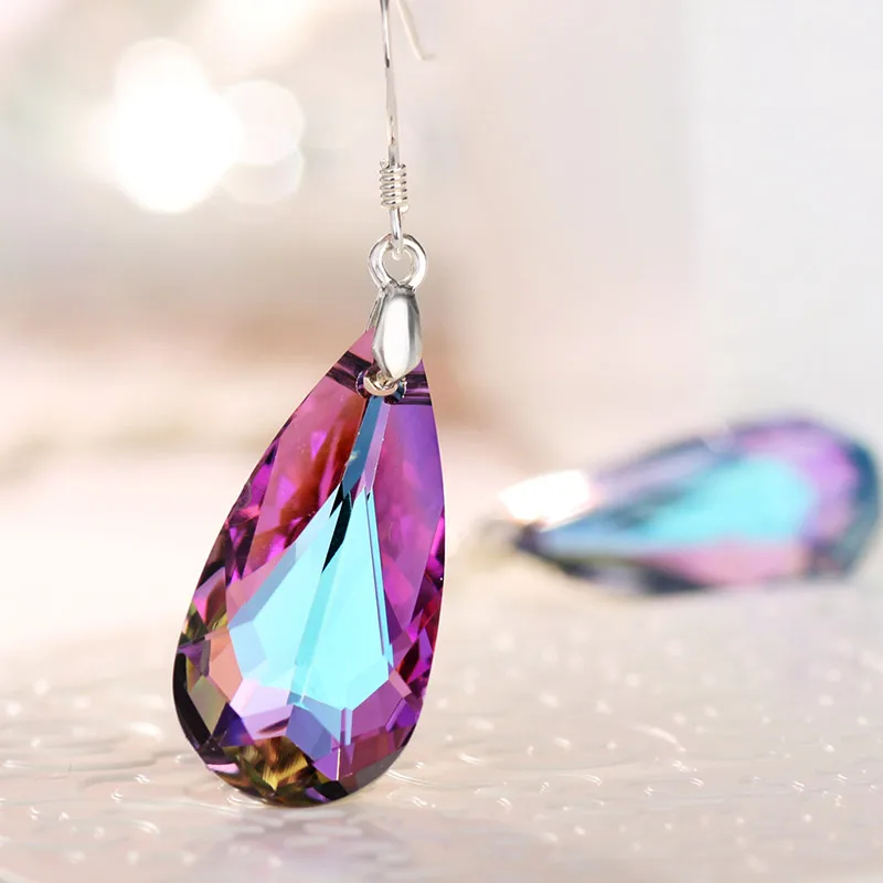 Женские серьги подвески с кристаллами Neoglory фиолетовыми каплями воды новый стиль