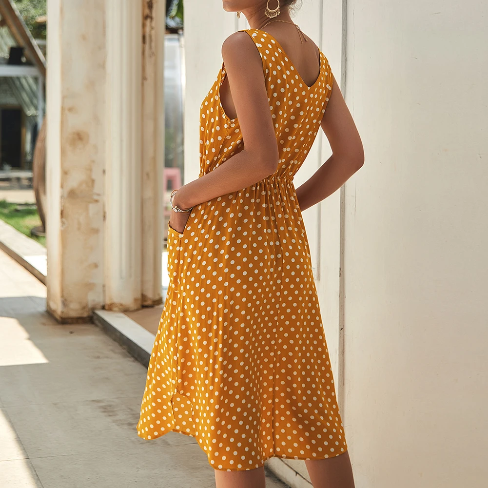 Женское платье-миди в горошек Boho повседневное Стильное вечернее платье без