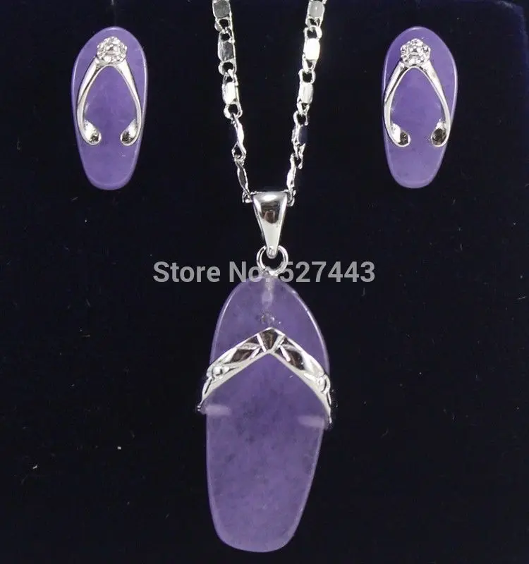Hot sale@&gt Wholesale JWEW6561 Fashion Set Purple Jade shoes Pendant Necklace Earring Natural jewelry |