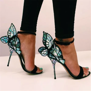Women Summer Sandals Fashion Embroidered Satin Butterfly High Heeled Footwear Adjustable Ankle Strap