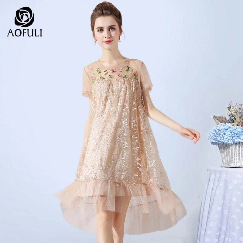 AOFULI L-XXXL 4XL 5XL сексуальное прозрачное Сетчатое платье с цветочной вышивкой летние
