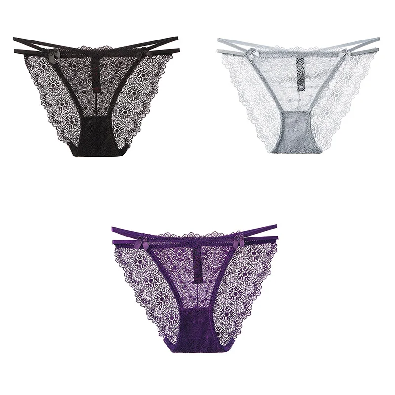 black grey purple 3 шт., сексуальные кружевные трусики, женское нижнее белье, дышащие женские трусики, новое нижнее белье для женщин, кружевные сексуальные M-XXL BANNIROU - Цвет: black grey purple