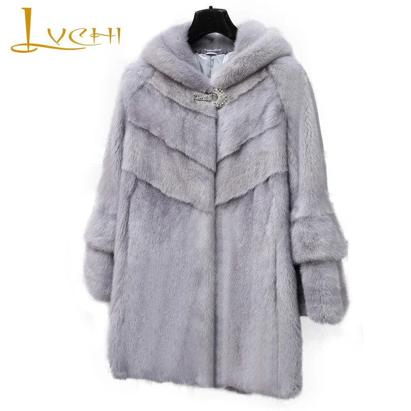 

LVCHI Winter 2019 Real Mink Fur Coats Women's Long Sleeve With Fur Hood Grey Mink Coat Full Pelt Wave Cut Medium Slim Mink Coats