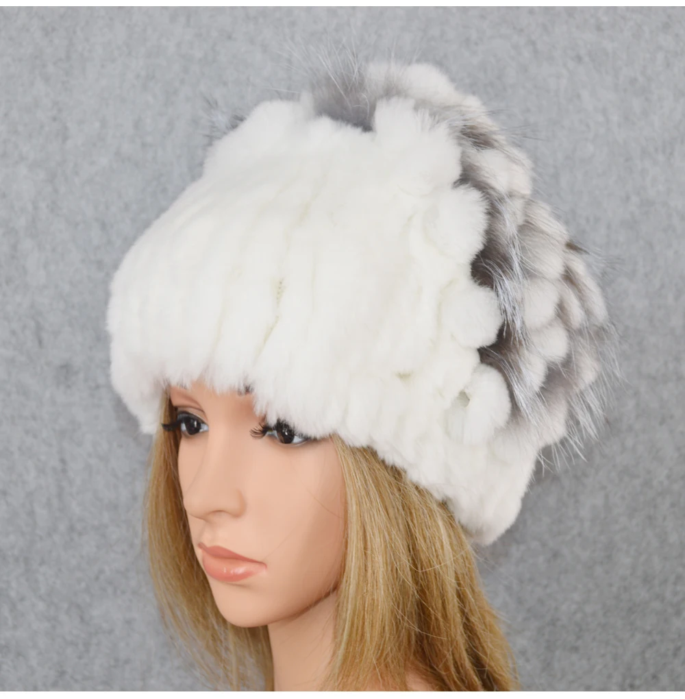 Новинка Россия женский Настоящий мех кролика Skullies шапки Роскошные вязаные цветы натуральный мех кролика рекс шапка зимние шапки из натурального меха
