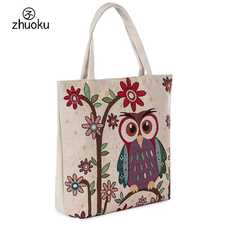 Environmental Tote bag reusable shopping Embroidery owl Canvas fabric Women Shoulder shopper bolsa tela T46 | Багаж и сумки