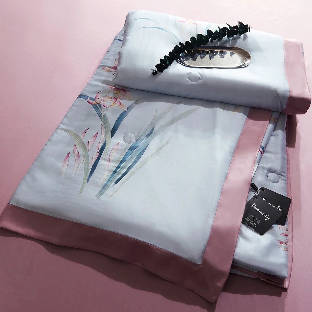 Goedkoop Luxe Orchidee Patroon Dunne Dekbed Zomer 100% Lyocell Tencel 100S Stof Dekbed Volwassen Gewatteerde Bed Cover Queen King Size