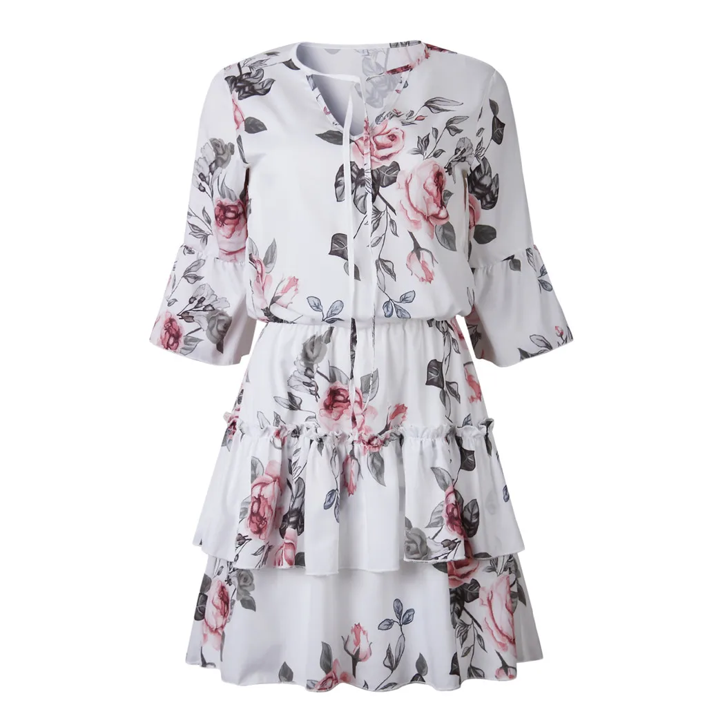 Женское плиссированное платье с цветочным принтом мини-пляжное v-образным