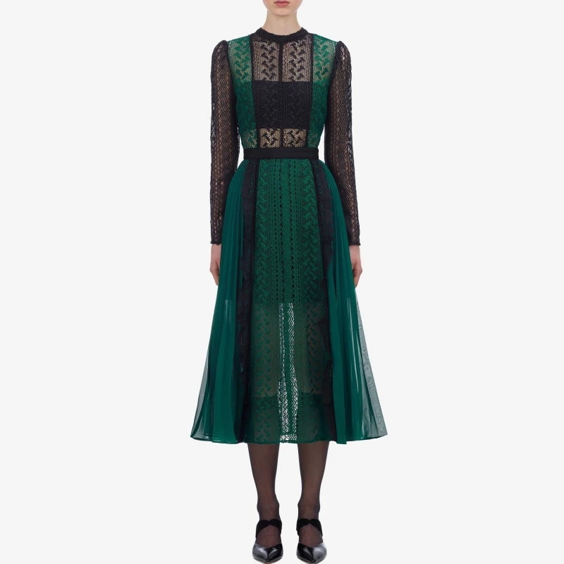 Женское винтажное шифоновое платье миди зеленое кружевное составного кроя с