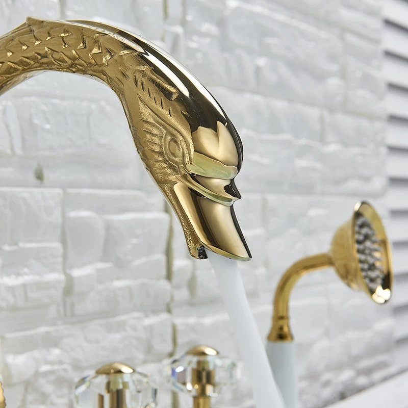 Роскошный Золотой смеситель для раковины в стиле лебедя кран ванной комнаты с