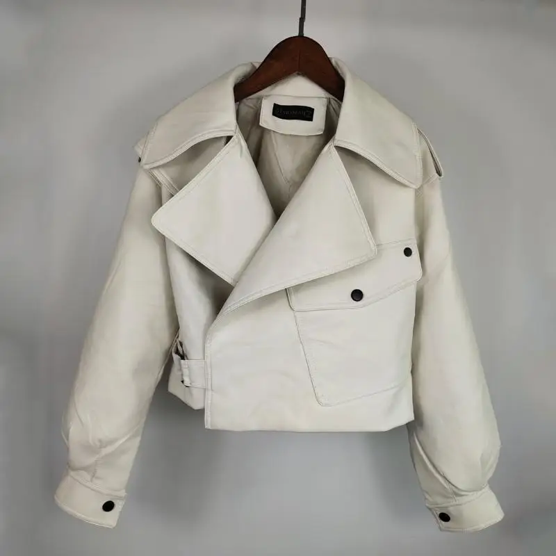White Fitaylor Новая Осенняя женская куртка из ПУ-кожзаменителя мотоциклетная Байкерская красная куртка отложной воротник Свободная уличная черная верхняя одежда в стиле панк - Цвет: White