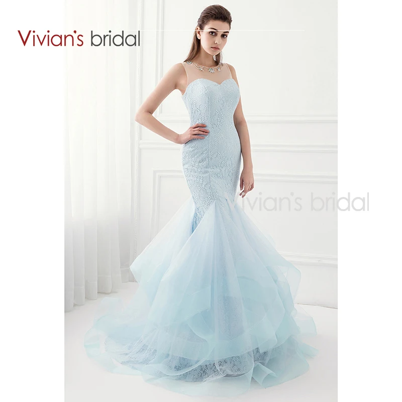 Vivian's Bridal Tiffany Blue Mermaid Prom Dress Sleeveless Lace Crystal Organza Evening Party WD360-17 | Свадьбы и торжества